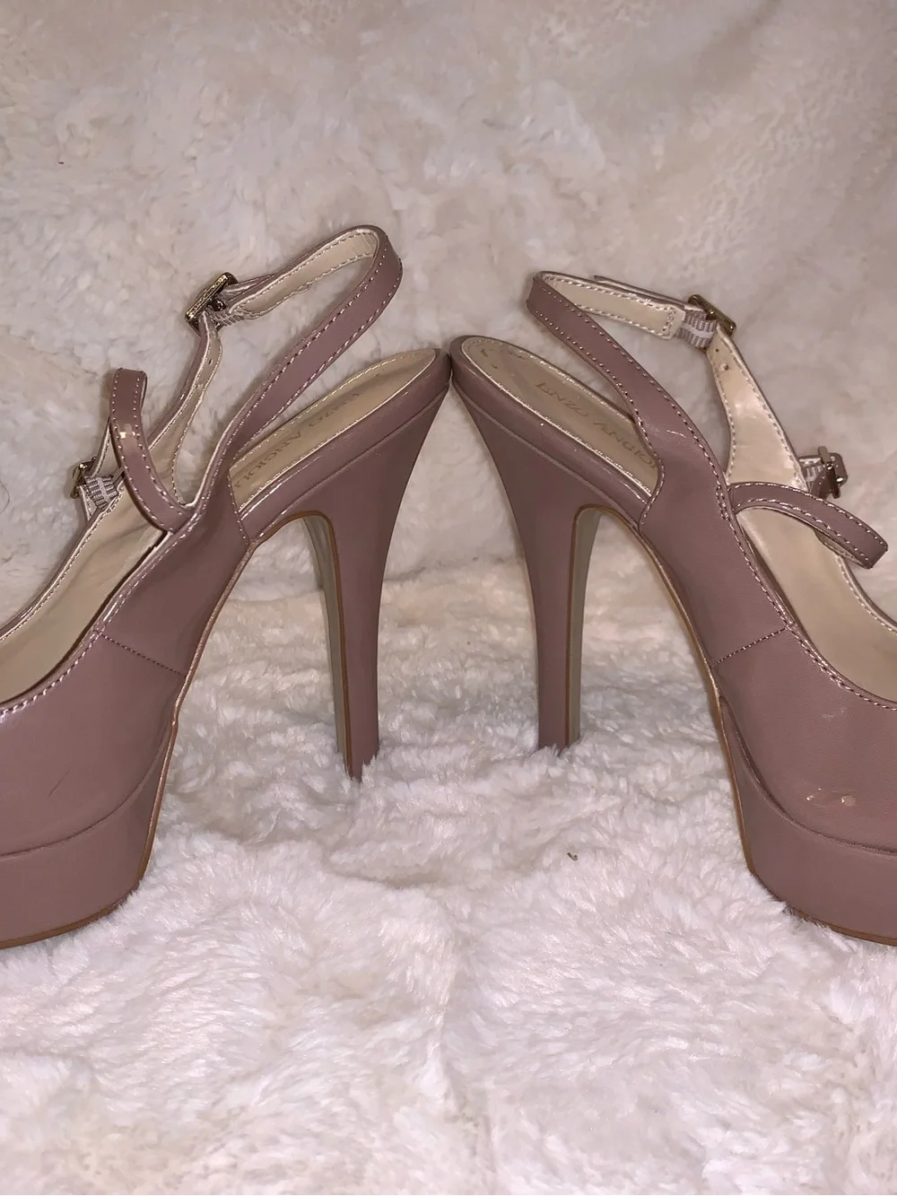 Enzo Angiolini Patent Peep-Toe Platform Heels in Nude/Taupe